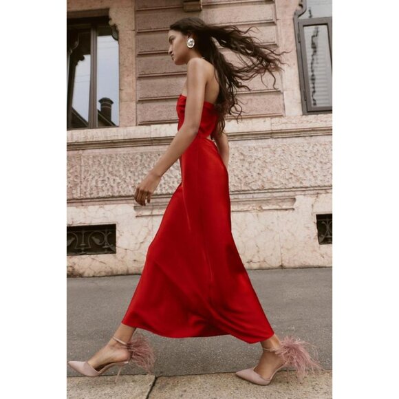 ZARA ASYMMETRIC SATIN EFFECT MIDI DRESS - Picture 4 of 9